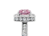 White gold Fancy Pink Cushion  Halo Diamond Engagement Ring with Milgrain Pave Band and Four-Prong Setting_92