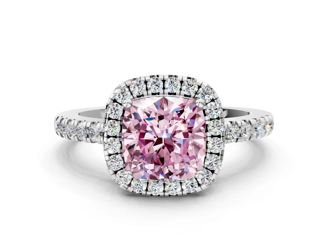White gold Fancy Pink Cushion  Halo Diamond Engagement Ring with Pavé Band and Four-Prong Setting_69