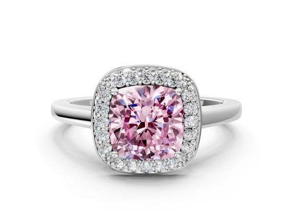Platinum Fancy Pink Cushion  Halo Diamond Engagement Ring with Solitaire Band and Four-Prong Setting