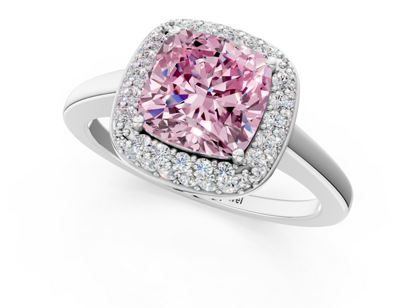 Platinum Fancy Pink Cushion  Halo Diamond Engagement Ring with Solitaire Band and Four-Prong Setting