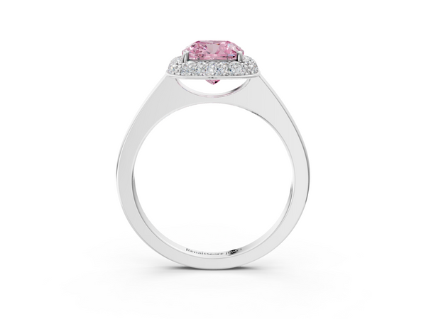 Platinum Fancy Pink Cushion  Halo Diamond Engagement Ring with Solitaire Band and Four-Prong Setting