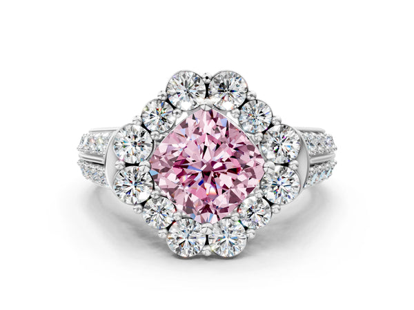 Platinum Fancy Pink Cushion  Halo Diamond Engagement Ring with Split Shank and Prong Setting