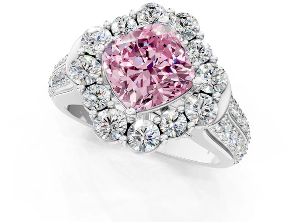 Platinum Fancy Pink Cushion  Halo Diamond Engagement Ring with Split Shank and Prong Setting