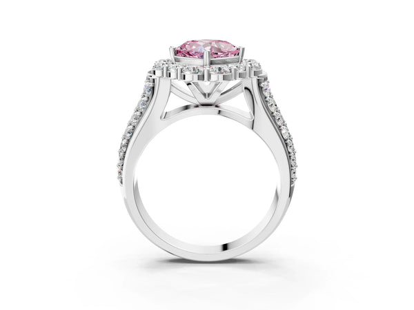 Platinum Fancy Pink Cushion  Halo Diamond Engagement Ring with Split Shank and Prong Setting