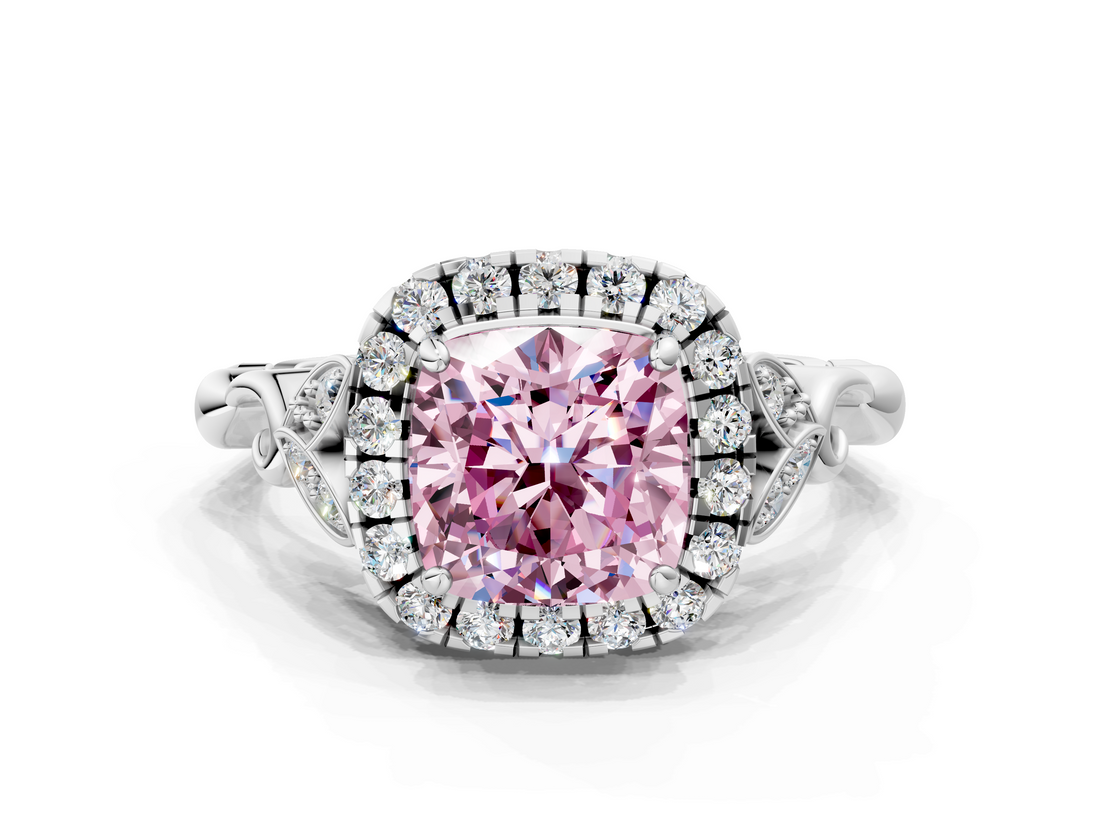 White gold Fancy Pink Cushion  Halo Diamond Engagement Ring with Vintage-Inspired Band and Four-Prong Setting_3