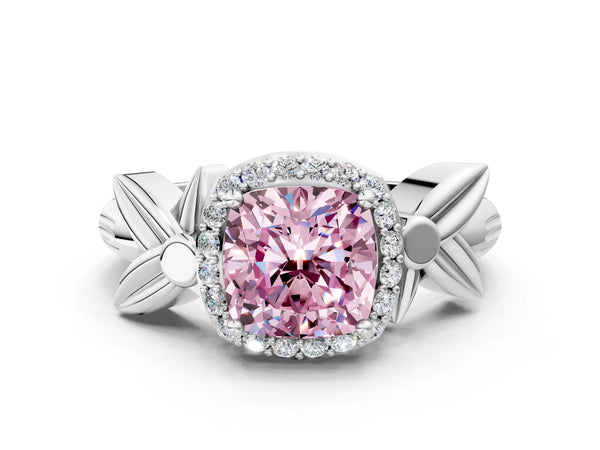 Platinum Fancy Pink Cushion  Halo Diamond Floral Band with Four-Prong Setting
