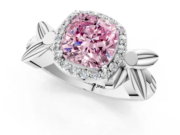 Platinum Fancy Pink Cushion  Halo Diamond Floral Band with Four-Prong Setting