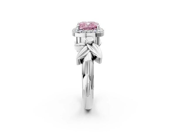 Platinum Fancy Pink Cushion  Halo Diamond Floral Band with Four-Prong Setting