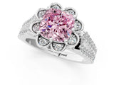 White gold Fancy Pink Cushion  Halo Diamond Floral Split Shank Engagement Ring 2