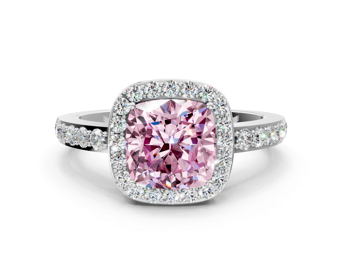 White gold Fancy Pink Cushion  Halo Diamond Pavé Band Ring with Prong Setting_19