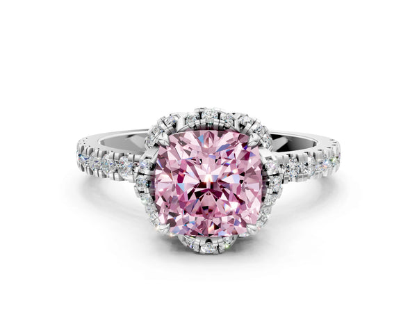 Platinum Fancy Pink Cushion  Halo Diamond Pave Band Ring with Four-Prong Setting