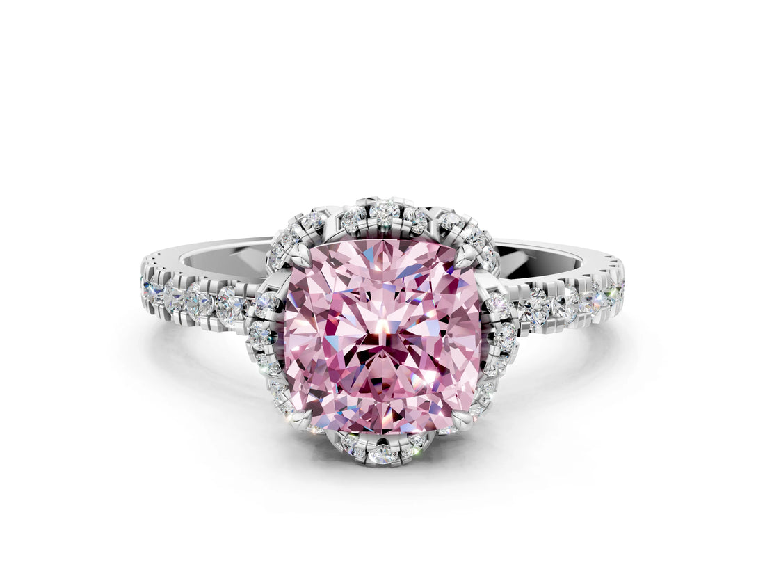 White gold Fancy Pink Cushion  Halo Diamond Pave Band Ring with Four-Prong Setting_15