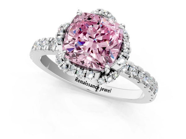 Platinum Fancy Pink Cushion  Halo Diamond Pave Band Ring with Four-Prong Setting