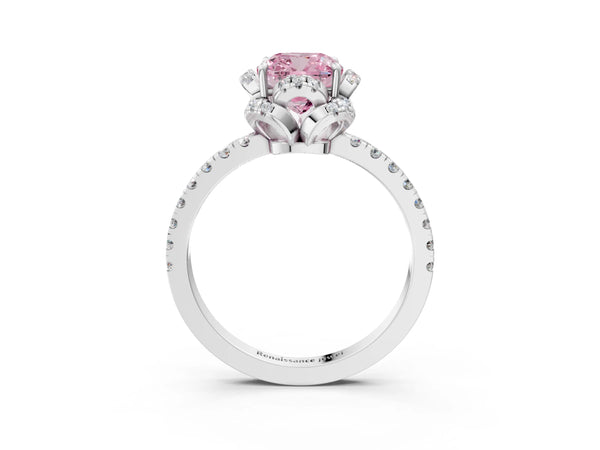 Platinum Fancy Pink Cushion  Halo Diamond Pave Band Ring with Four-Prong Setting