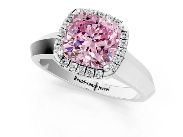 White gold Fancy Pink Cushion  Halo Diamond Ring with Cathedral Band and Four-Prong Setting