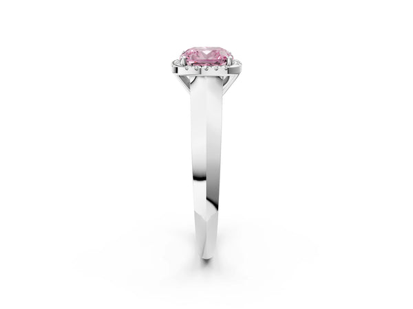 White gold Fancy Pink Cushion  Halo Diamond Ring with Cathedral Band and Four-Prong Setting