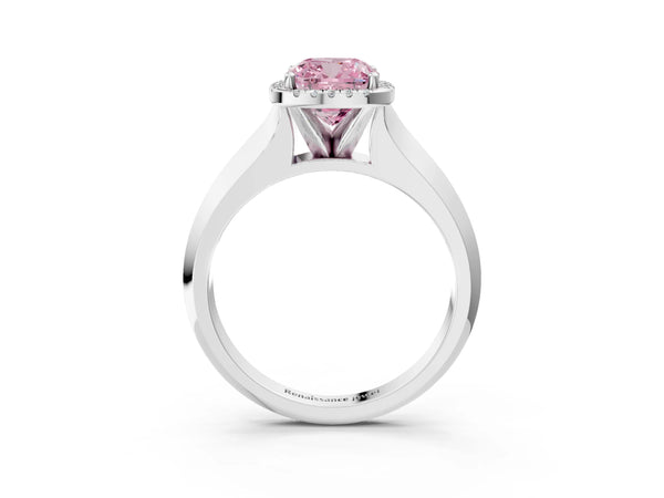 White gold Fancy Pink Cushion  Halo Diamond Ring with Cathedral Band and Four-Prong Setting