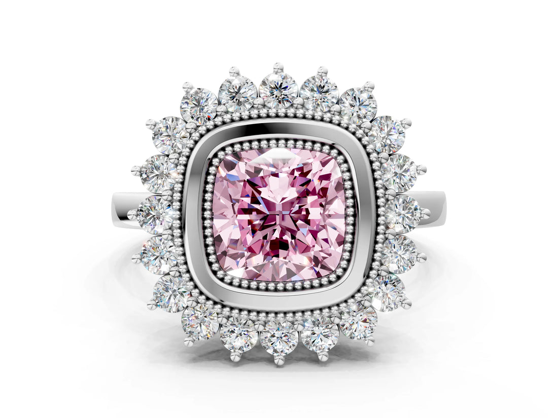 White gold Fancy Pink Cushion  Halo Diamond Ring with Milgrain Edge and Round Prong Setting_38