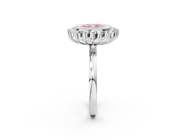 Platinum Fancy Pink Cushion  Halo Diamond Ring with Milgrain Edge and Round Prong Setting
