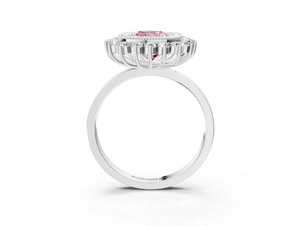Platinum Fancy Pink Cushion  Halo Diamond Ring with Milgrain Edge and Round Prong Setting