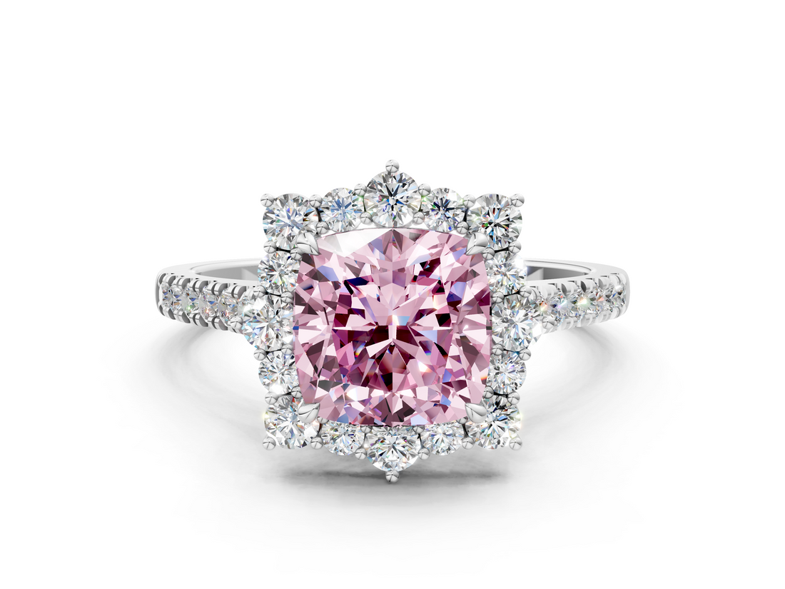 White gold Fancy Pink Cushion  Halo Diamond Ring with Pavé Band and Prong Setting_35