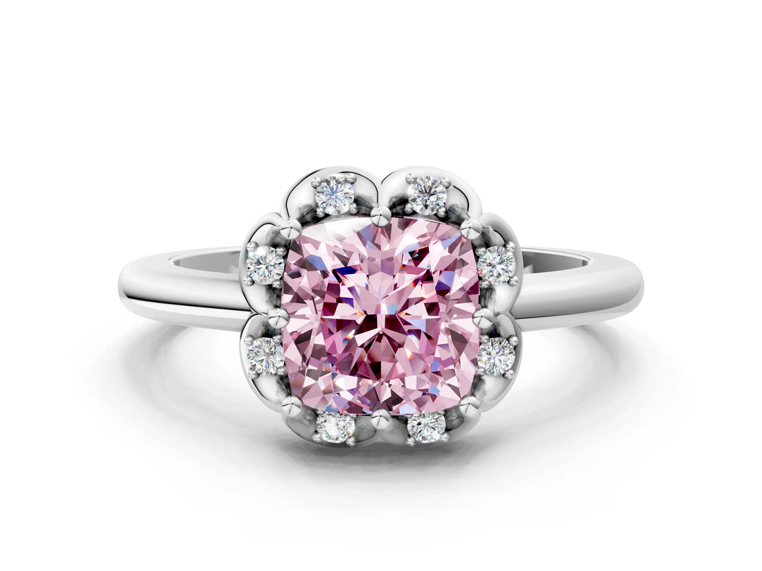 White gold Fancy Pink Cushion  Halo Diamond Ring with Round Cluster Setting, Solitaire Band, and Four-Prong Setting_49