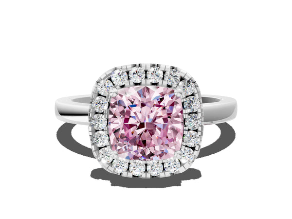 Platinum Fancy Pink Cushion  Halo Diamond Solitaire with Pavé Band and Four-Prong Setting