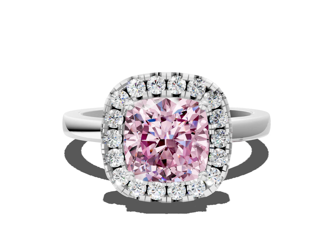 White gold Fancy Pink Cushion  Halo Diamond Solitaire with Pavé Band and Four-Prong Setting_126