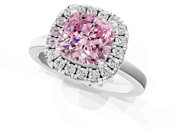 Platinum Fancy Pink Cushion  Halo Diamond Solitaire with Pavé Band and Four-Prong Setting