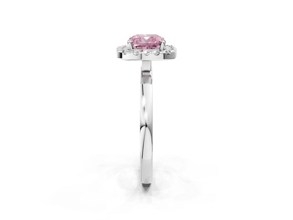 Platinum Fancy Pink Cushion  Halo Diamond Solitaire with Pavé Band and Four-Prong Setting