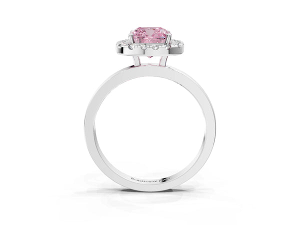 Platinum Fancy Pink Cushion  Halo Diamond Solitaire with Pavé Band and Four-Prong Setting