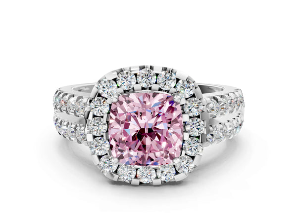 Platinum Fancy Pink Cushion  Halo Diamond Split Shank Engagement Ring with Prong Setting