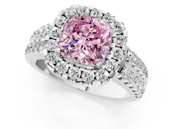 Platinum Fancy Pink Cushion  Halo Diamond Split Shank Engagement Ring with Prong Setting