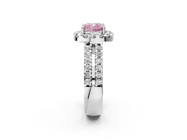 Platinum Fancy Pink Cushion  Halo Diamond Split Shank Engagement Ring with Prong Setting