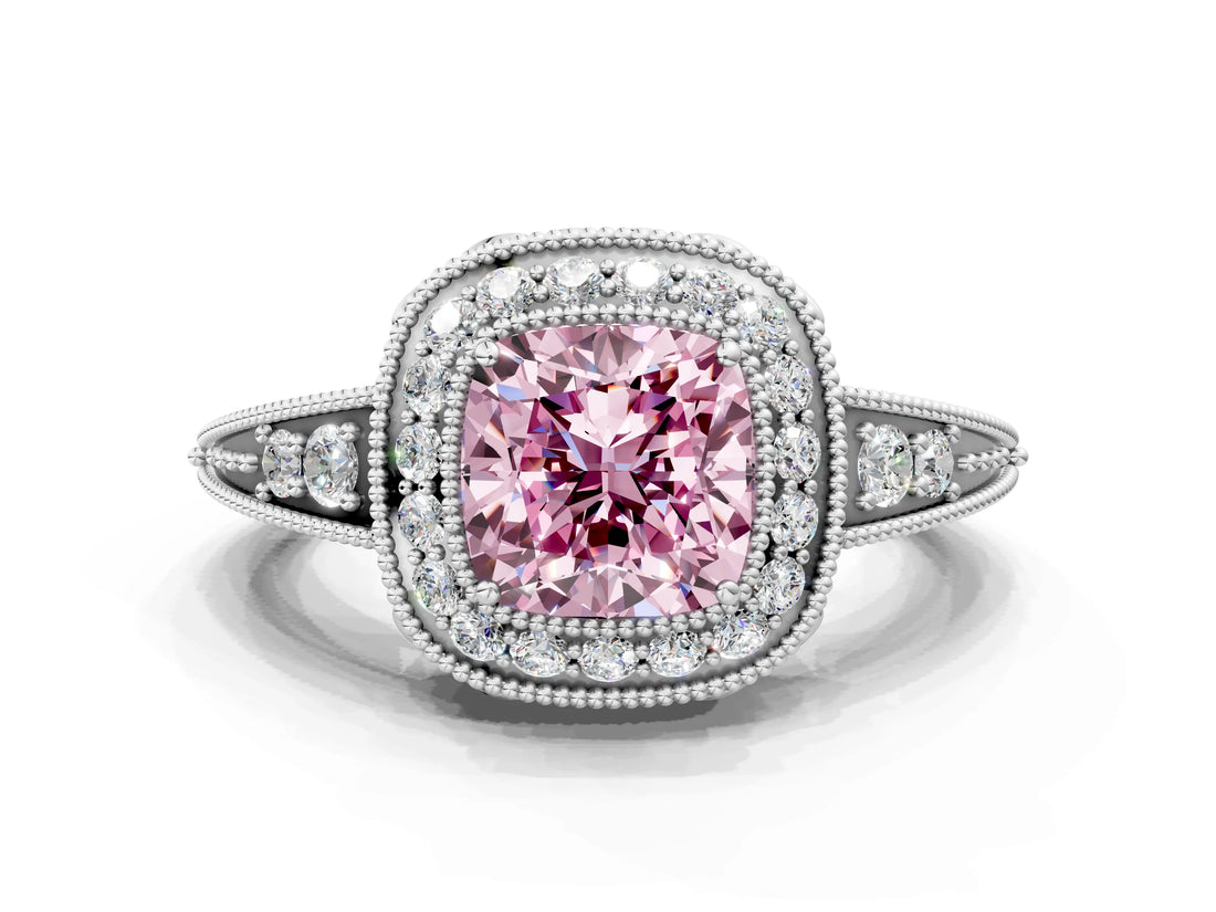 White gold Fancy Pink Cushion  Halo Diamond Split Shank Ring with Milgrain Detail_49