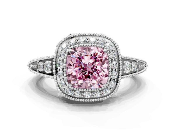 Platinum Cushion Cut Vintage Halo Engagement Ring Setting for Fancy Pink Center with Milgrain