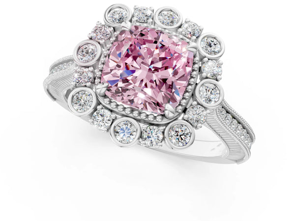 White gold Fancy Pink Cushion  Halo Milgrain Pave Diamond Ring with Four-Prong Setting