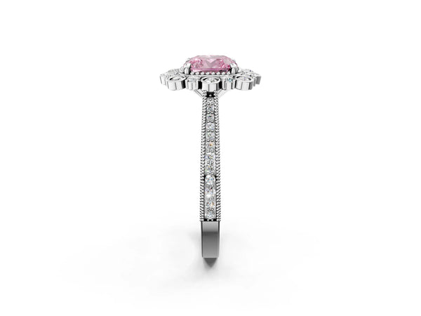 White gold Fancy Pink Cushion  Halo Milgrain Pave Diamond Ring with Four-Prong Setting