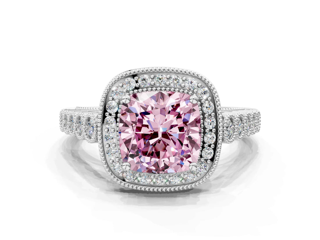 White gold Fancy Pink Cushion  Halo Milgrain Solitaire with Bezel Set Side Stones and Pave Band_50