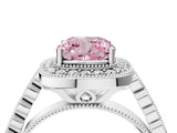 White gold Fancy Pink Cushion  Halo Milgrain Solitaire with Bezel Set Side Stones and Pave Band_54