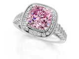 White gold Fancy Pink Cushion  Halo Milgrain Solitaire with Bezel Set Side Stones and Pave Band_55