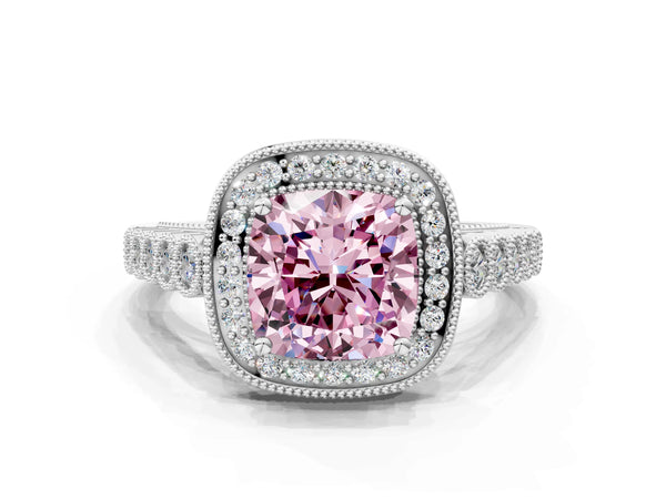 Platinum Fancy Pink Cushion  Halo Milgrain Solitaire with Bezel Set Side Stones and Pave Band