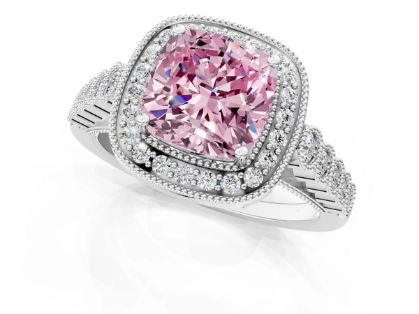 Platinum Fancy Pink Cushion  Halo Milgrain Solitaire with Bezel Set Side Stones and Pave Band