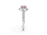 White gold Fancy Pink Cushion  Halo Milgrain Solitaire with Bezel Set Side Stones and Pave Band_58