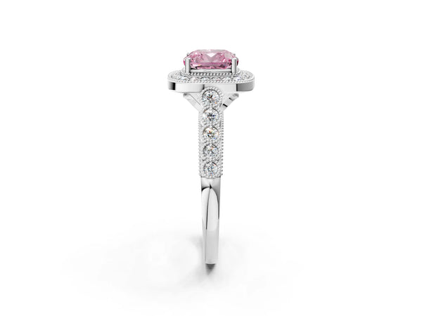 Platinum Fancy Pink Cushion  Halo Milgrain Solitaire with Bezel Set Side Stones and Pave Band
