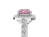 White gold Fancy Pink Cushion  Halo Milgrain Solitaire with Bezel Set Side Stones and Pave Band_61