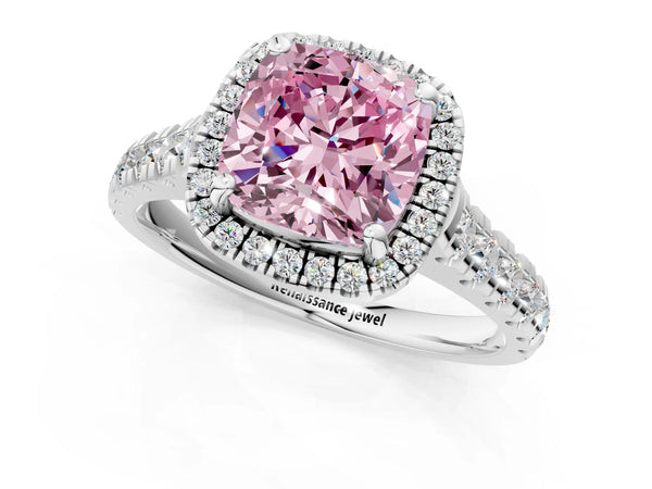 Platinum Fancy Pink Cushion  Halo Pavé Diamond Engagement Ring with Four-Prong Setting