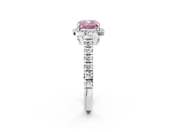 Platinum Fancy Pink Cushion  Halo Pavé Diamond Engagement Ring with Four-Prong Setting