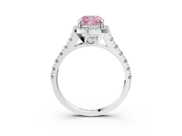 Platinum Fancy Pink Cushion  Halo Pavé Diamond Engagement Ring with Four-Prong Setting