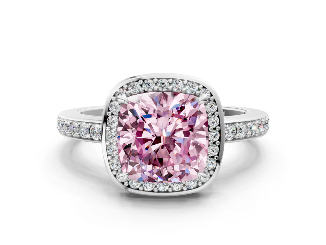 White gold Fancy Pink Cushion  Halo Pave Band Solitaire Ring with Prong Setting_108
